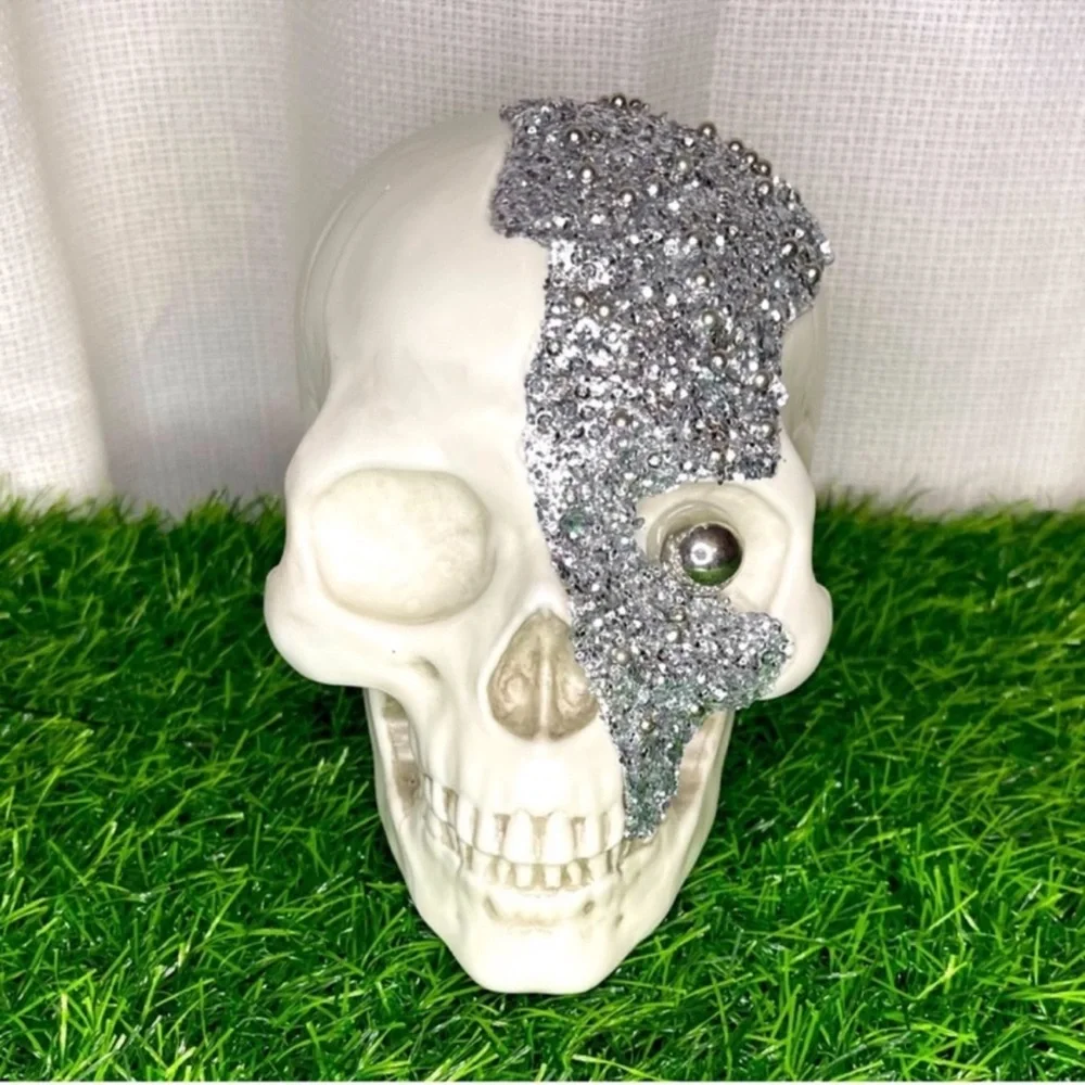New! Target Bullseye Halloween White Decorative Skull w/silver glitter